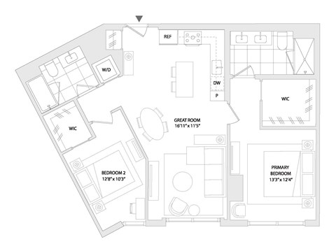 Floor plan for 2 beds, 2 baths, 1134 sqft
